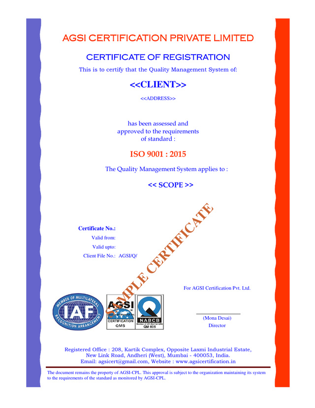 ISO 9001:2015 证书(演示样例)